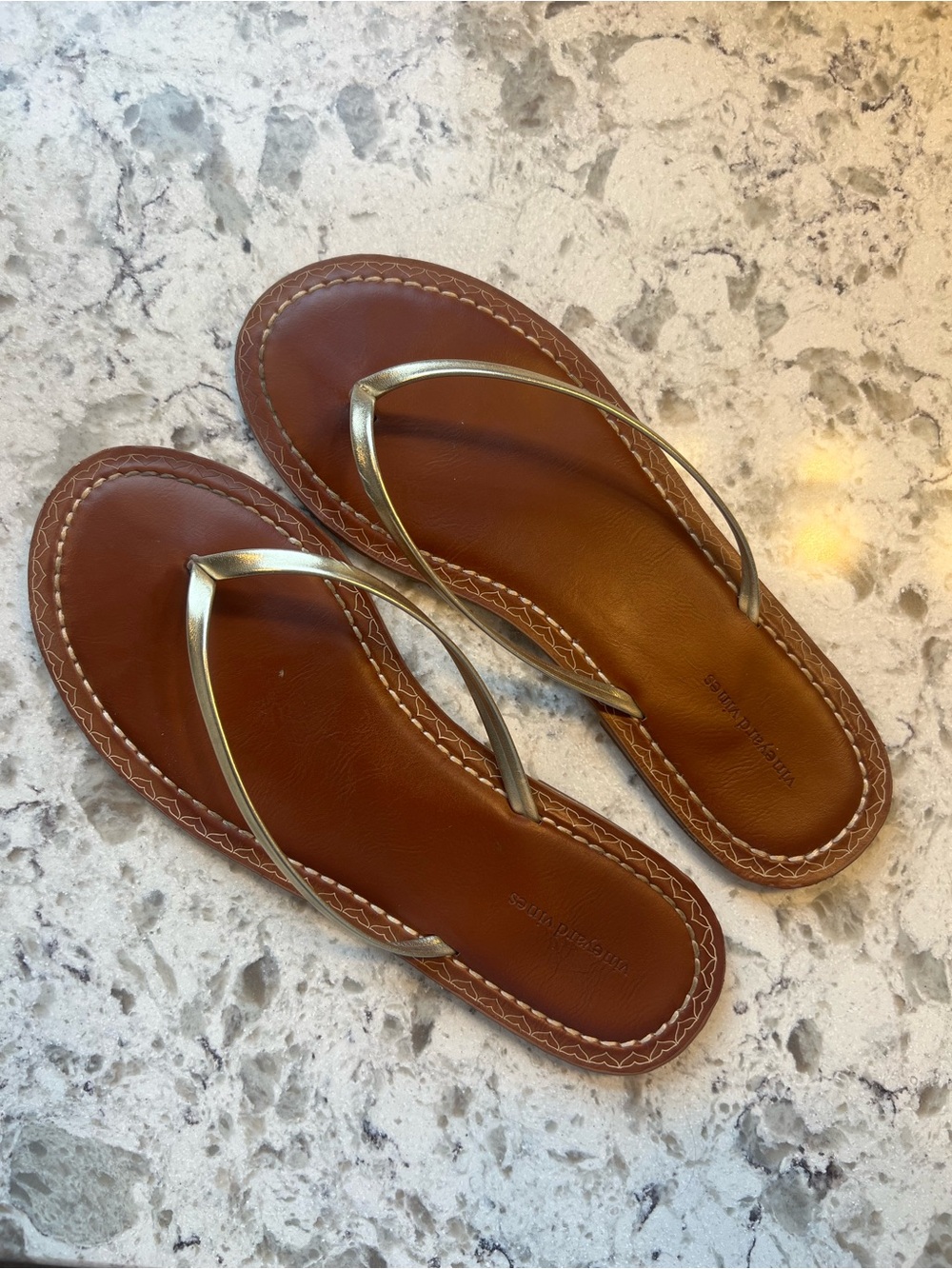 Metallic Strap Brown Leather Flip Flop Sandals